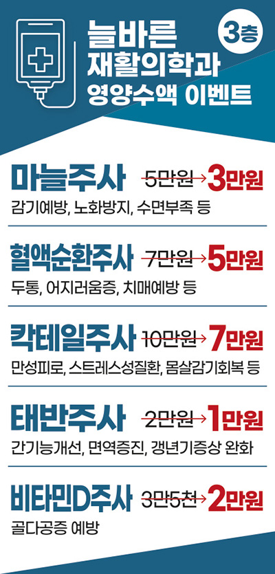 늘바른재활의학과 영양수액 이벤트. 마늘주사 : 3만원, 혈액순환주사 : 5만원, 칵테일주사 : 7만원, 태반주사 : 1만원, 비타민D주사 : 2만원